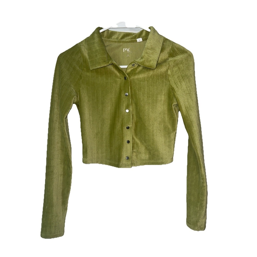 PAC Cares Junior Womens‎ Top Green Velvet Cropped Collared Long Sleeve Size XS